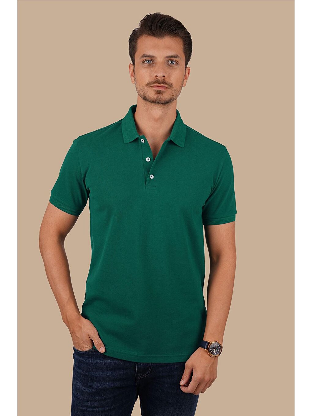 Yeşil Yaka Desenli Erkek Polo Yaka %100 Pamuk Tişört-2