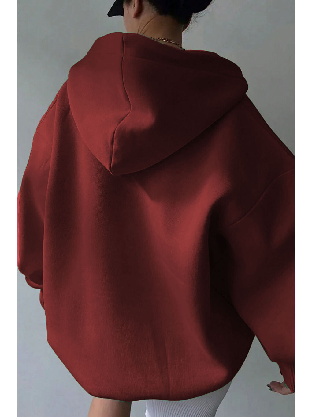 Kadın Bordo Relax Yaka Detay Oversize Kapüşonlu Sweatshirt-1