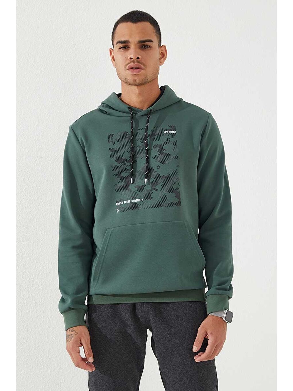 Yeşil Kamuflaj Desen Baskılı Standart Kalıp Kapüşonlu  Erkek Hoodie - 87884