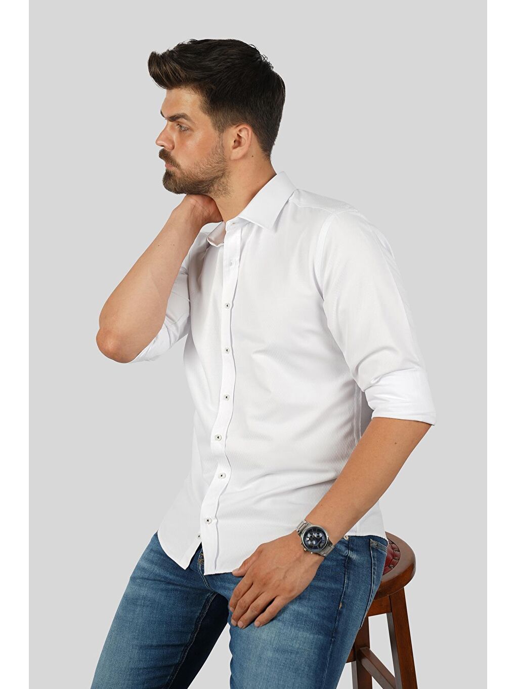 Beyaz Baklava Desen Slimfit Erkek Gömlek-4