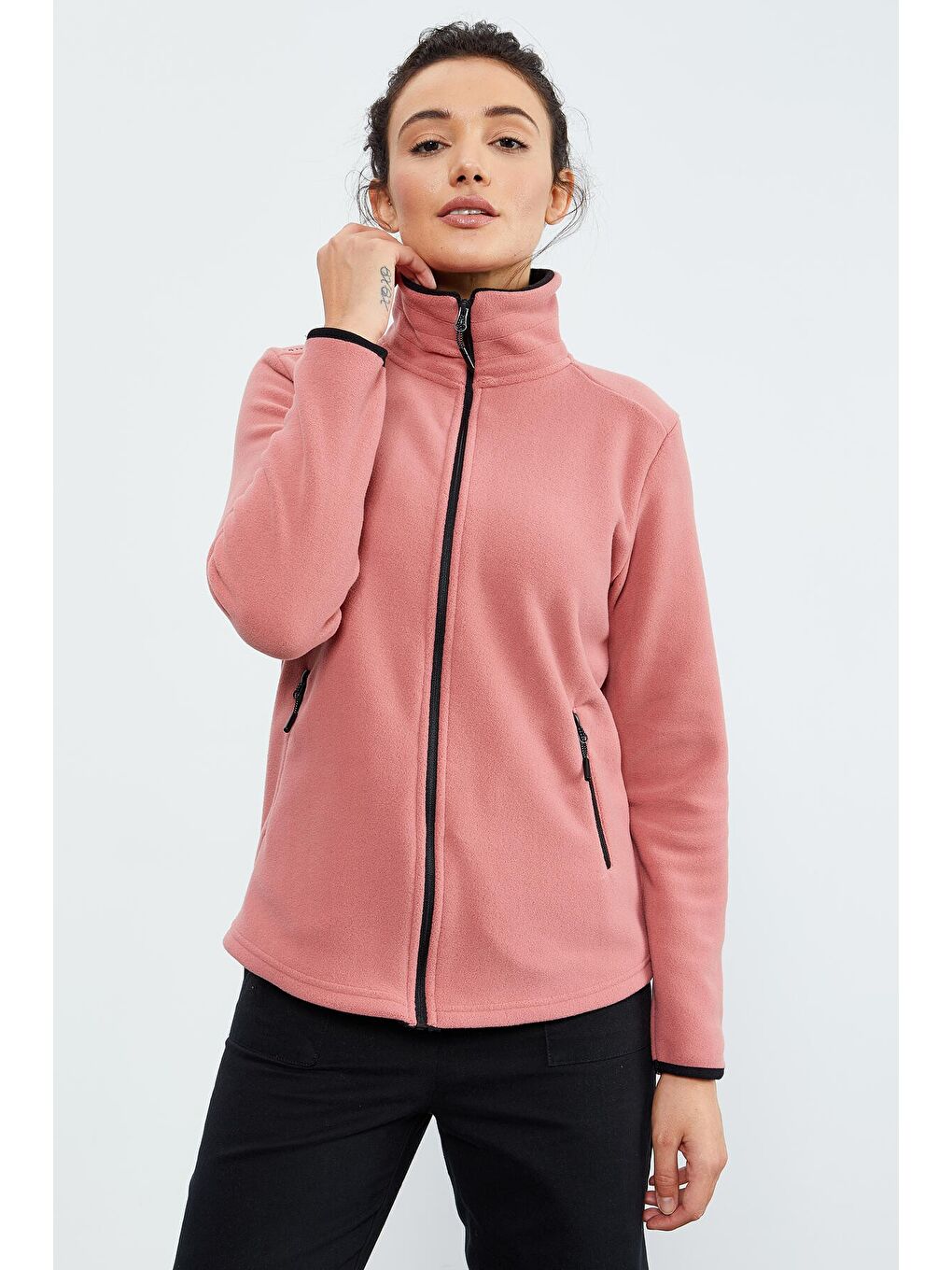 Pembe Yaban Gülü Dik Yaka Fermuarlı Rahat Form Kadın Polar Sweatshirt - 97173