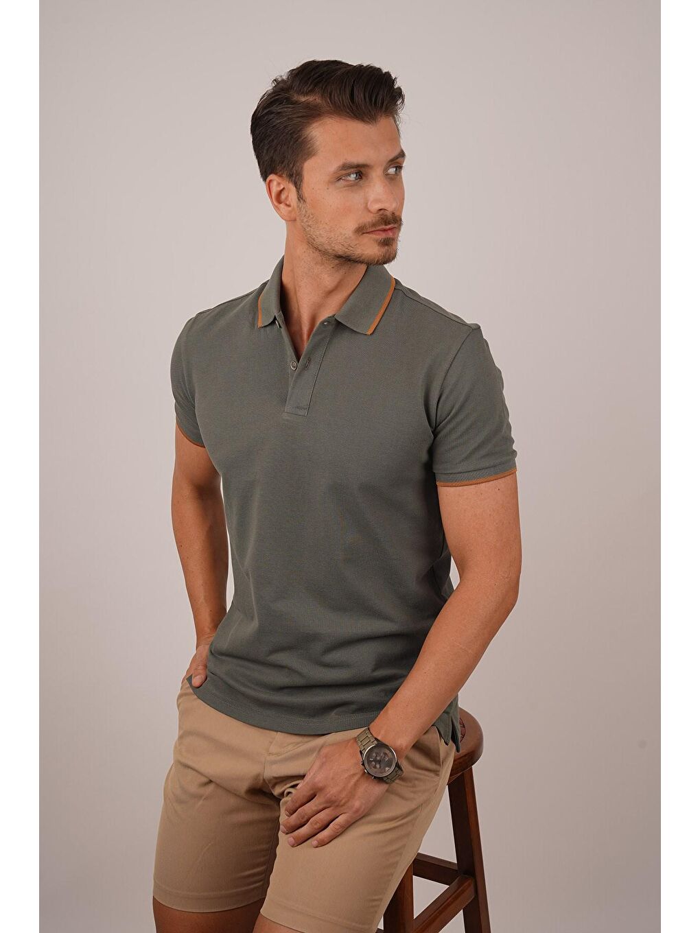 Haki Taba Yaka Çizgili Erkek Polo Yaka Tişört-2