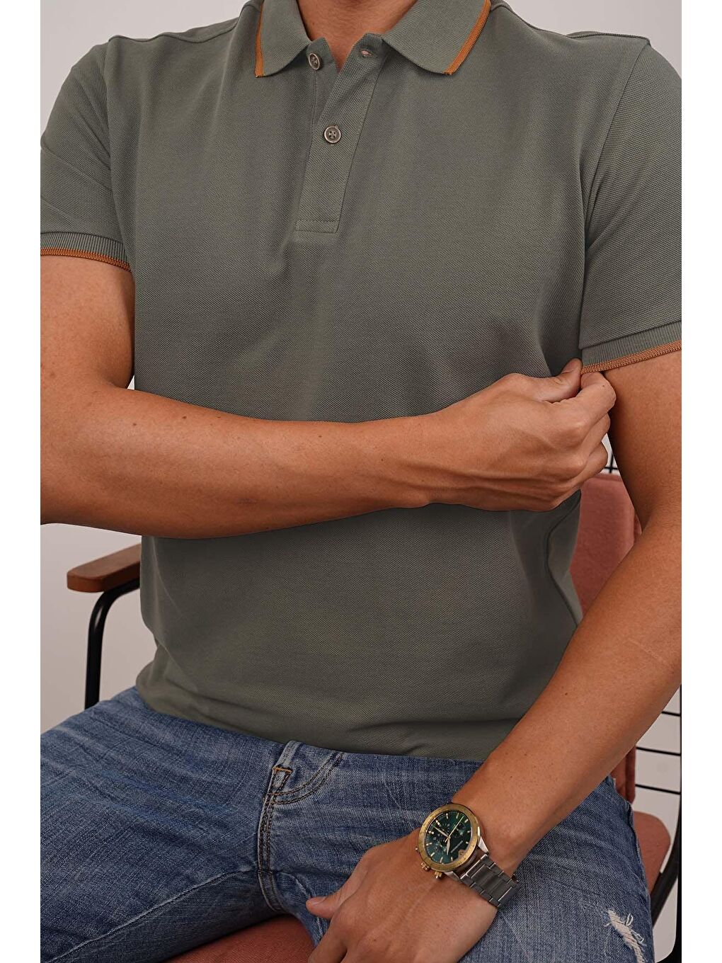 Haki Taba Yaka Çizgili Erkek Polo Yaka Tişört-1