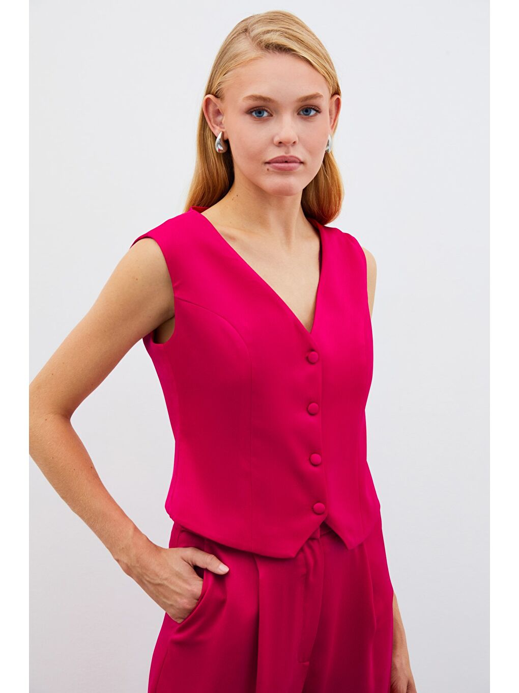 Krep Saten Yelek - Mercan-3