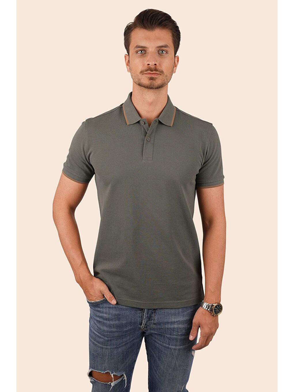 Haki Taba Yaka Çizgili Erkek Polo Yaka Tişört-4