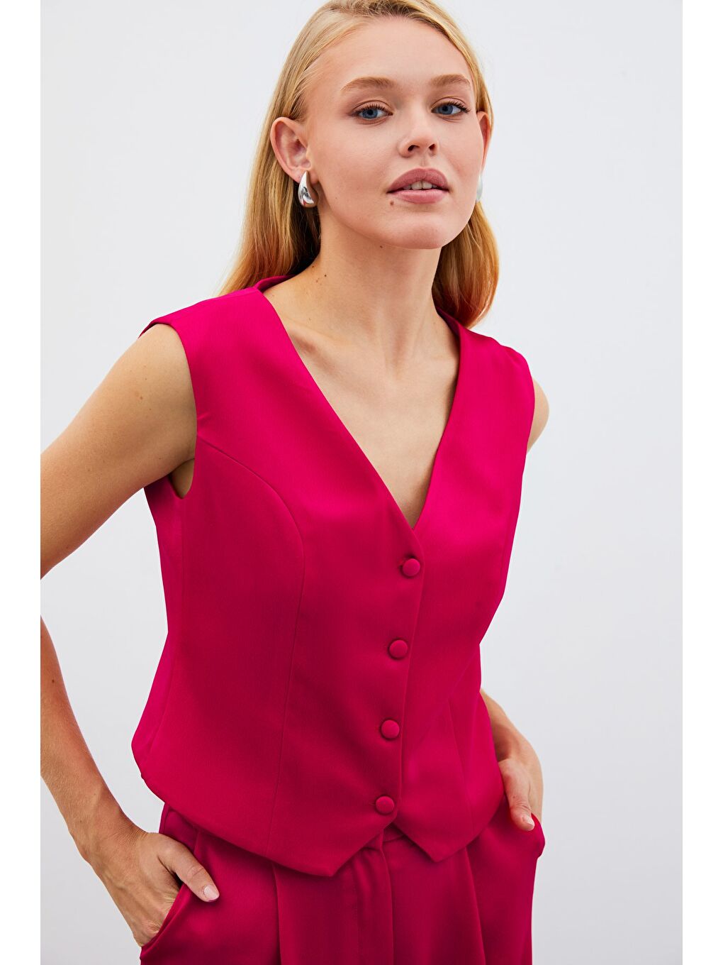 Krep Saten Yelek - Mercan-4