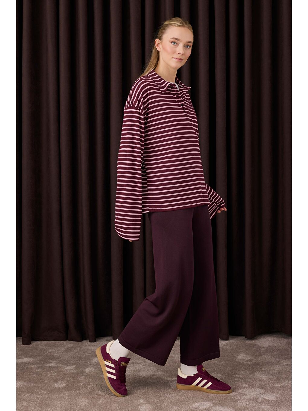 Beli Lastikli Triko Pantolon Koyu Mürdüm