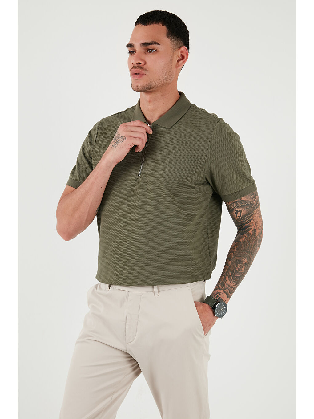 Buratti Haki Pamuklu Regular Fit Fermuarlı Polo Yaka Erkek T Shirt 5902915 - 5