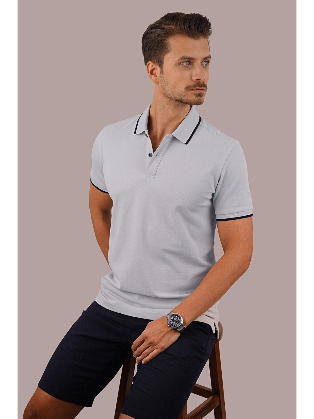 Gri Lacivert Yaka Çizgili Erkek Polo Yaka Tişört-6