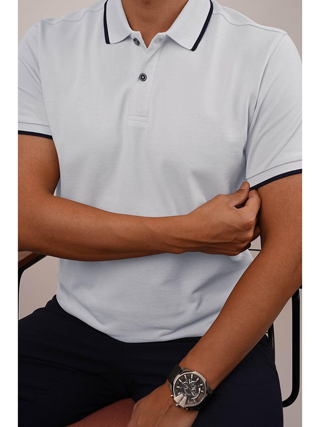 Gri Lacivert Yaka Çizgili Erkek Polo Yaka Tişört-1