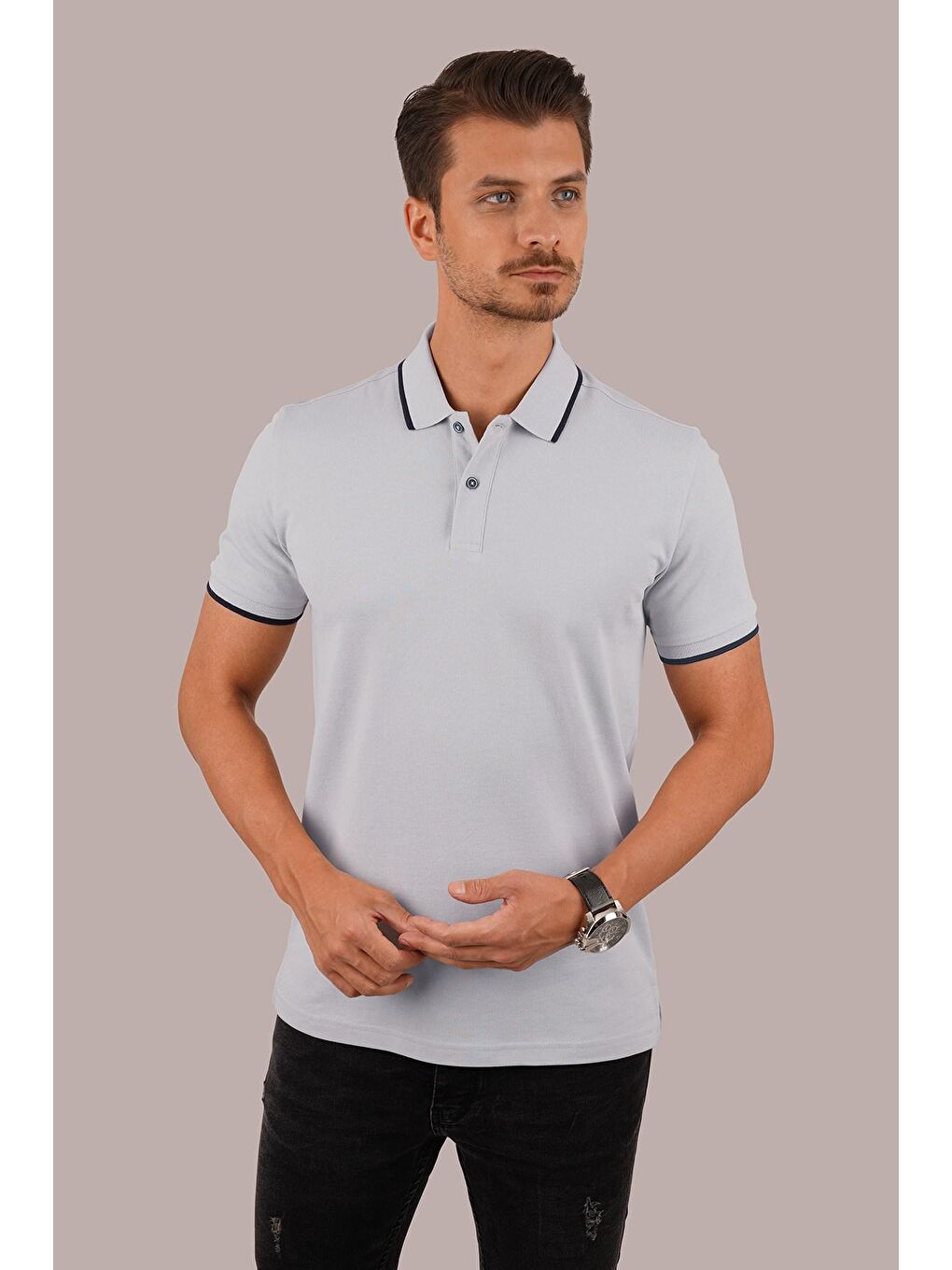 Gri Lacivert Yaka Çizgili Erkek Polo Yaka Tişört-2