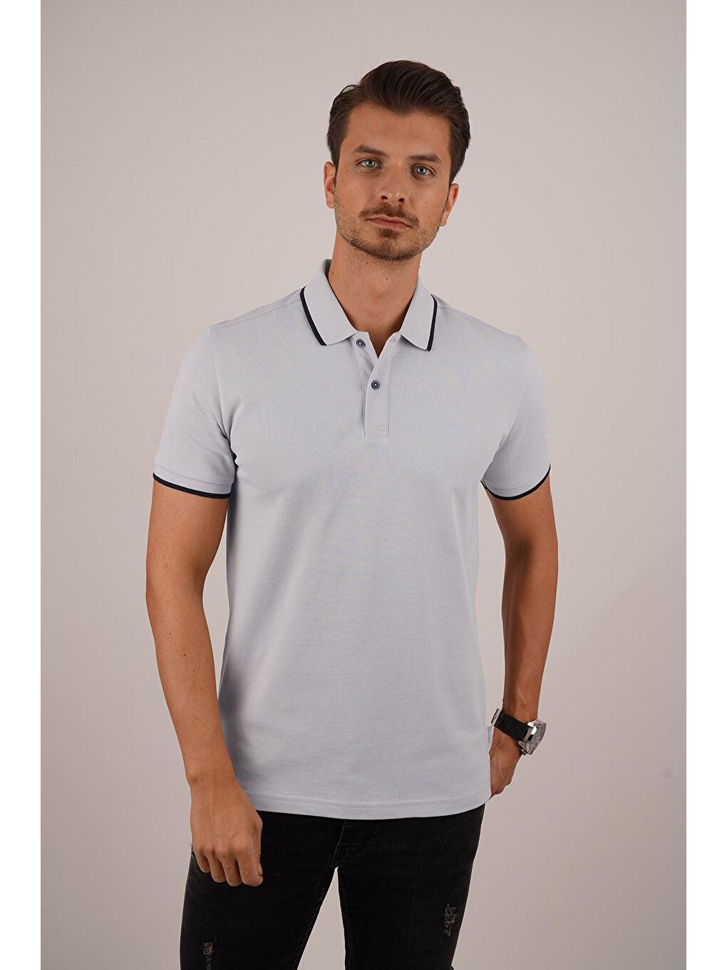 Gri Lacivert Yaka Çizgili Erkek Polo Yaka Tişört-4