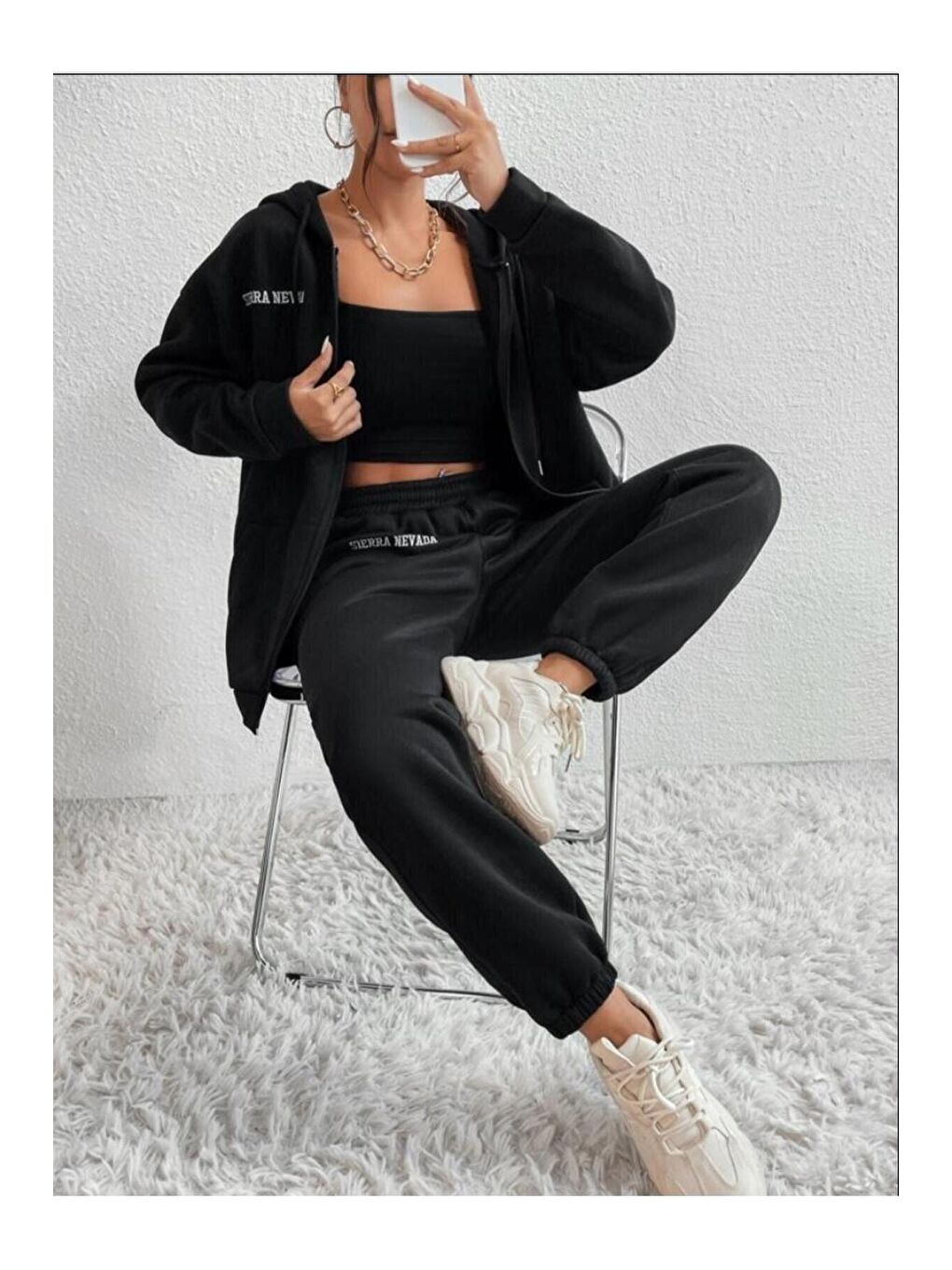 Kadın Siyah Sıerra Nevada Baskılı Hırka Jogger Oversize Eşofman Takım-2