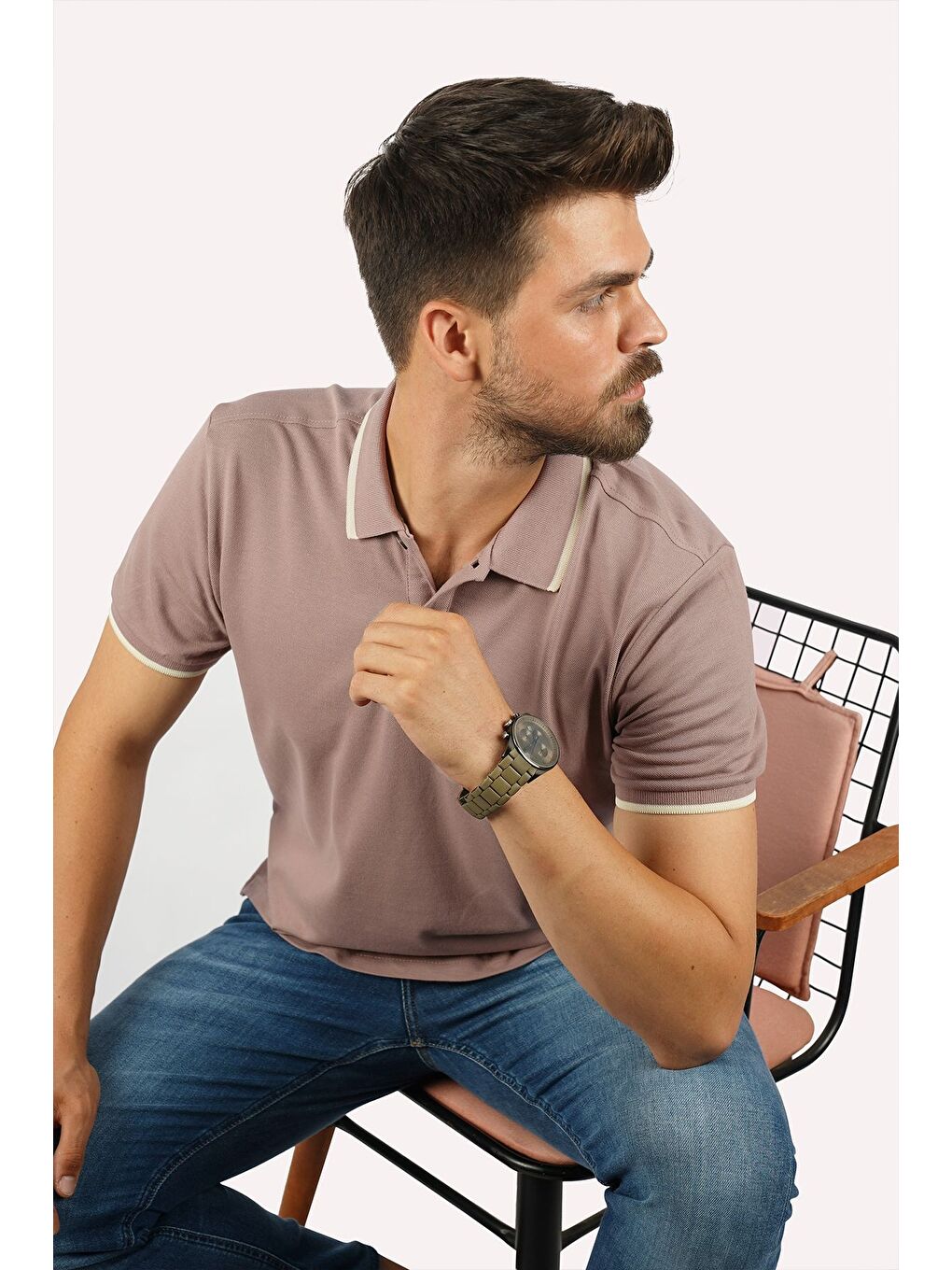 Vizon Bej Yaka Çizgili Erkek Polo Yaka Tişört-4