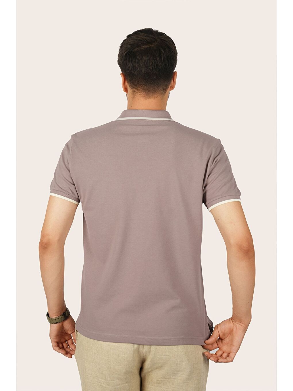 Vizon Bej Yaka Çizgili Erkek Polo Yaka Tişört-5