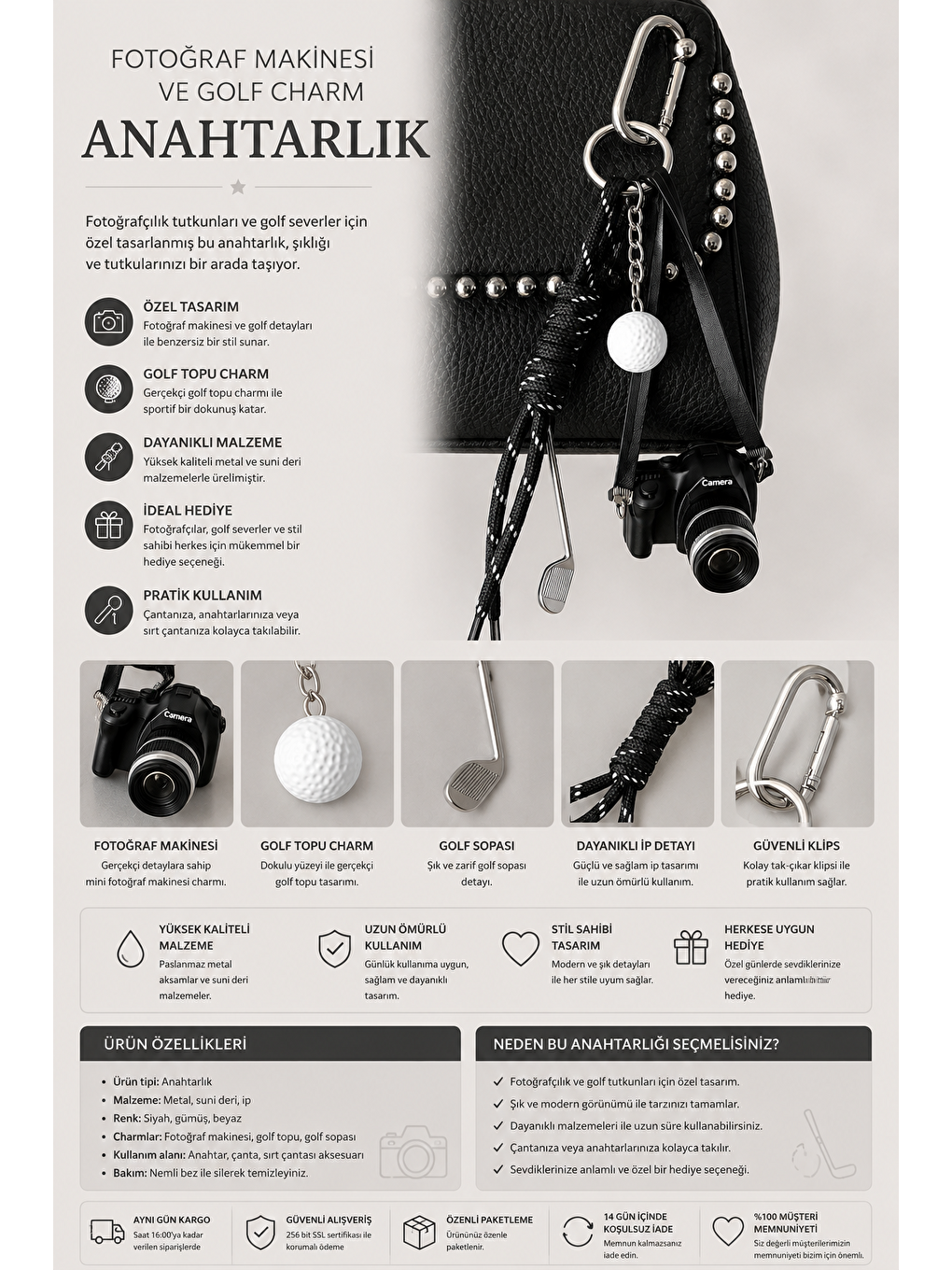 Siyah Fotoğraf Makinesi Ve Golf Charm Anahtarlık-1