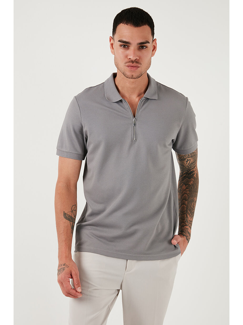 Buratti Gri Pamuklu Regular Fit Fermuarlı Polo Yaka Erkek T Shirt 5902915 - 5