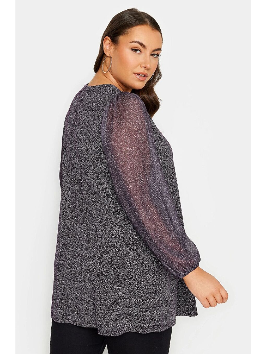 Gri Büyük Beden Uzun Kolları Tül Detaylı Pileli V Yaka Bluz 302828-4