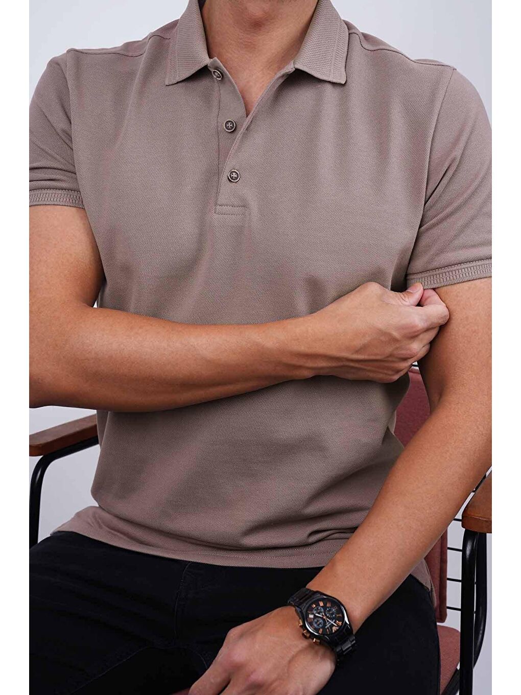 Etikmen Bej Vizon Yaka Desenli Erkek Polo Tişört - 4