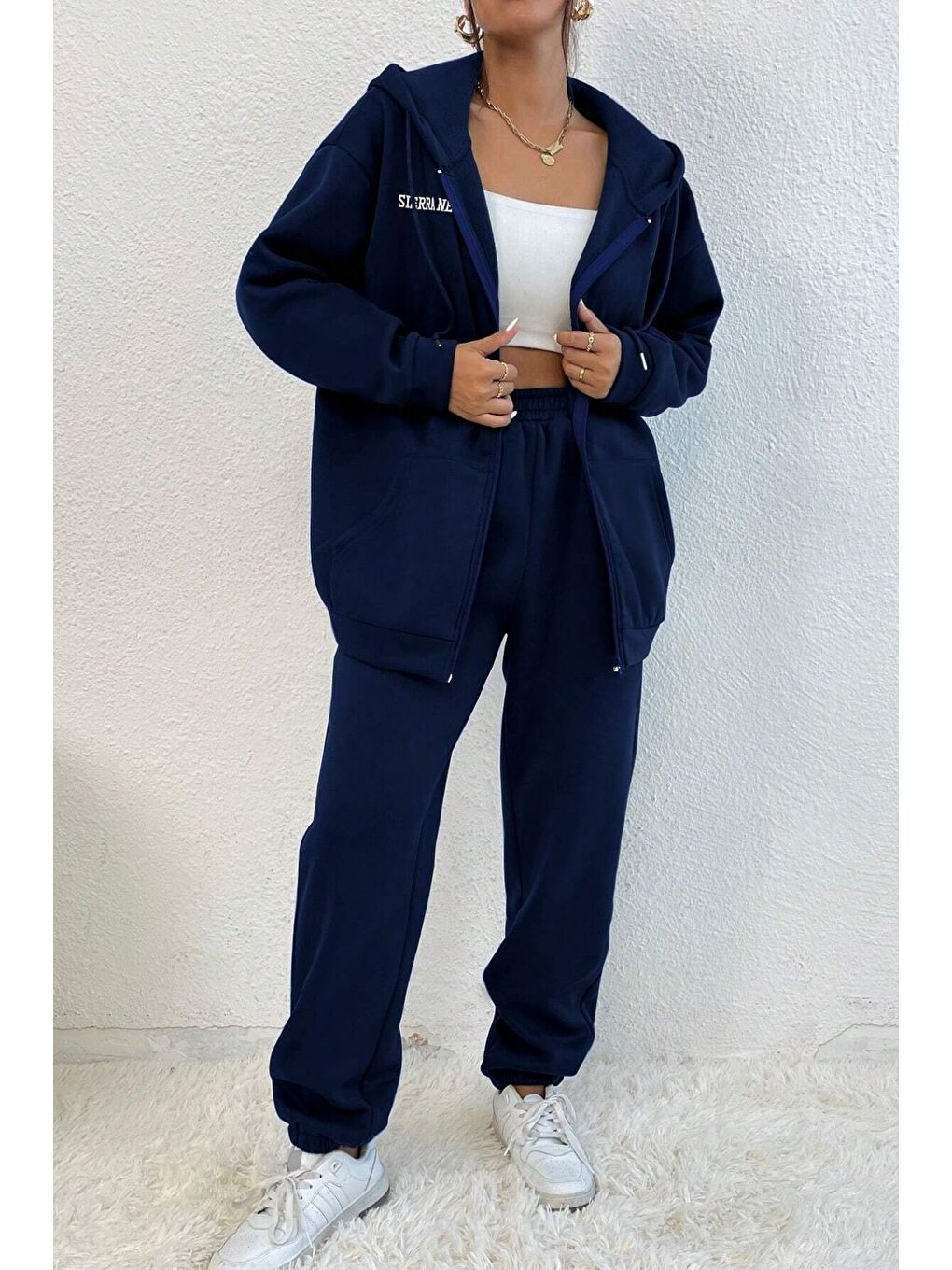 Kadın Lacivert Sıerra Baskılı Hırka Jogger Oversize Eşofman Takımı-2