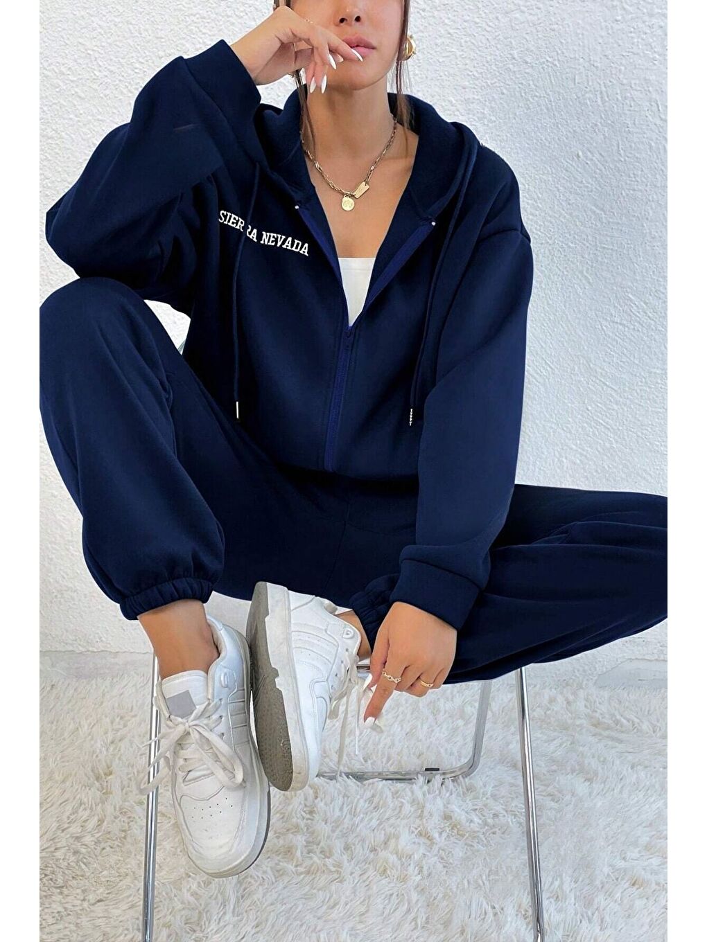 Kadın Lacivert Sıerra Baskılı Hırka Jogger Oversize Eşofman Takımı-3