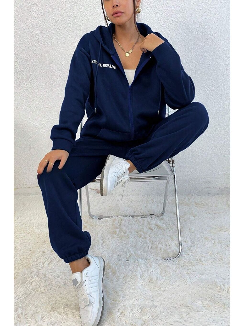 Kadın Lacivert Sıerra Baskılı Hırka Jogger Oversize Eşofman Takımı-4