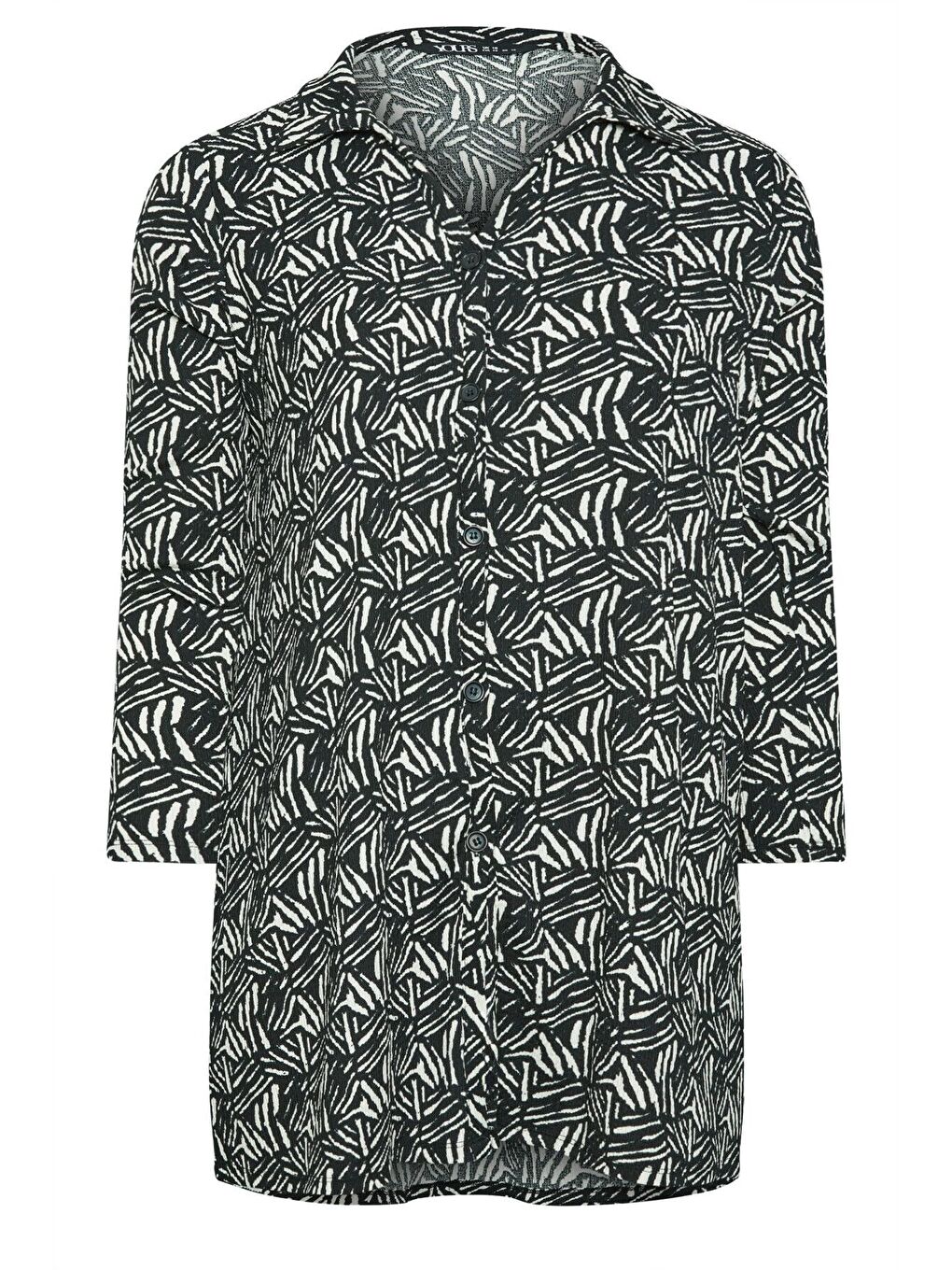 Siyah Büyük Beden Soyut Baskılı Düğmeli Uzun Kollu Uzun Kesim Gömlek 302650-5