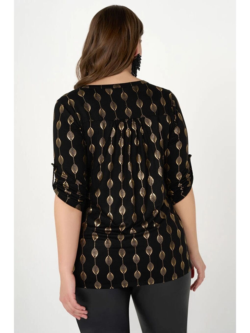 Gri Büyük Beden V Yaka Çıtçıt Düğmeli Fakir Kol Uzun Kesim Bluz E15244-5