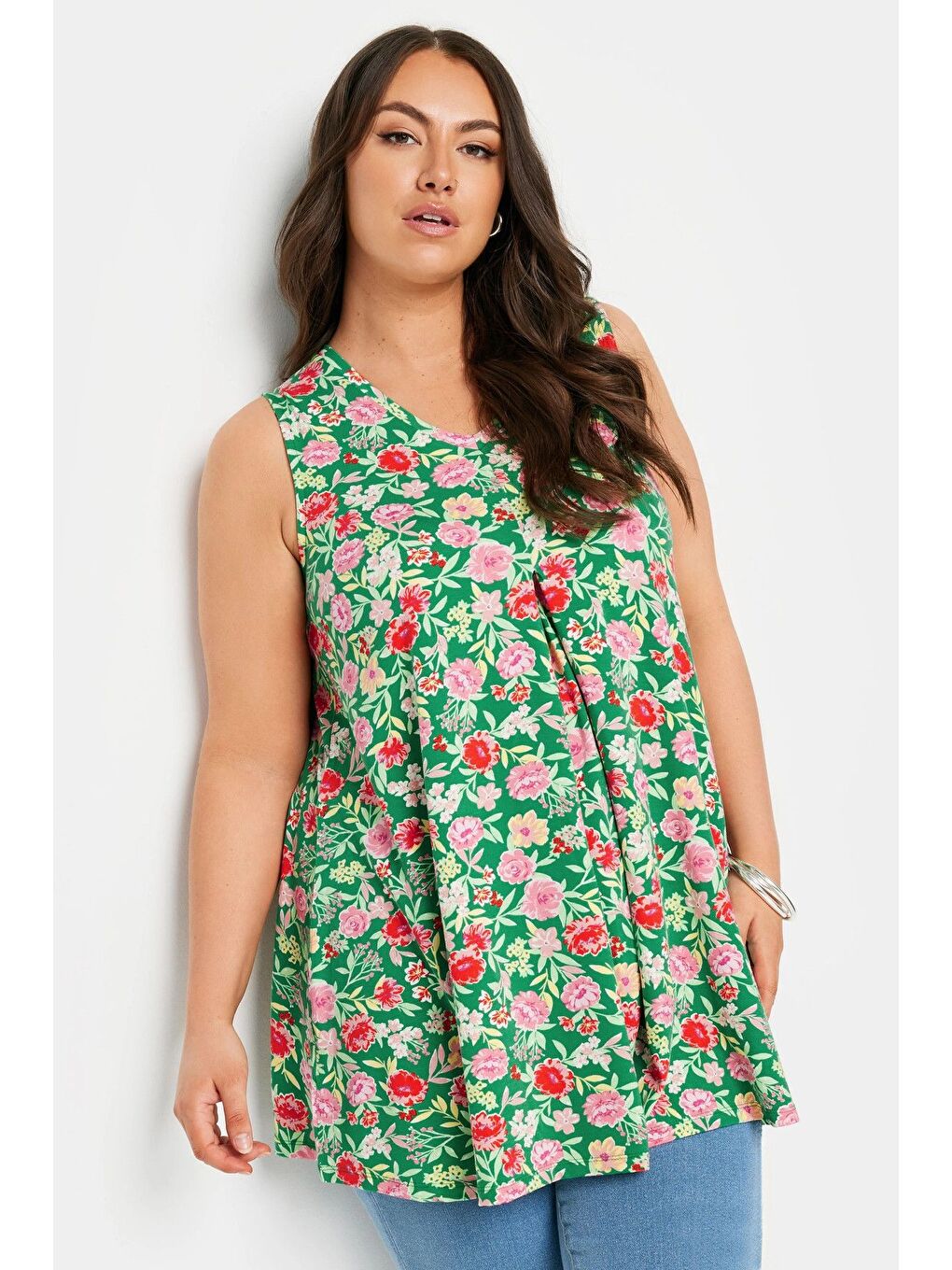 Yeşil Büyük Beden Sıfır Kol V Yaka Desenli Elastanlı Bluz 321779