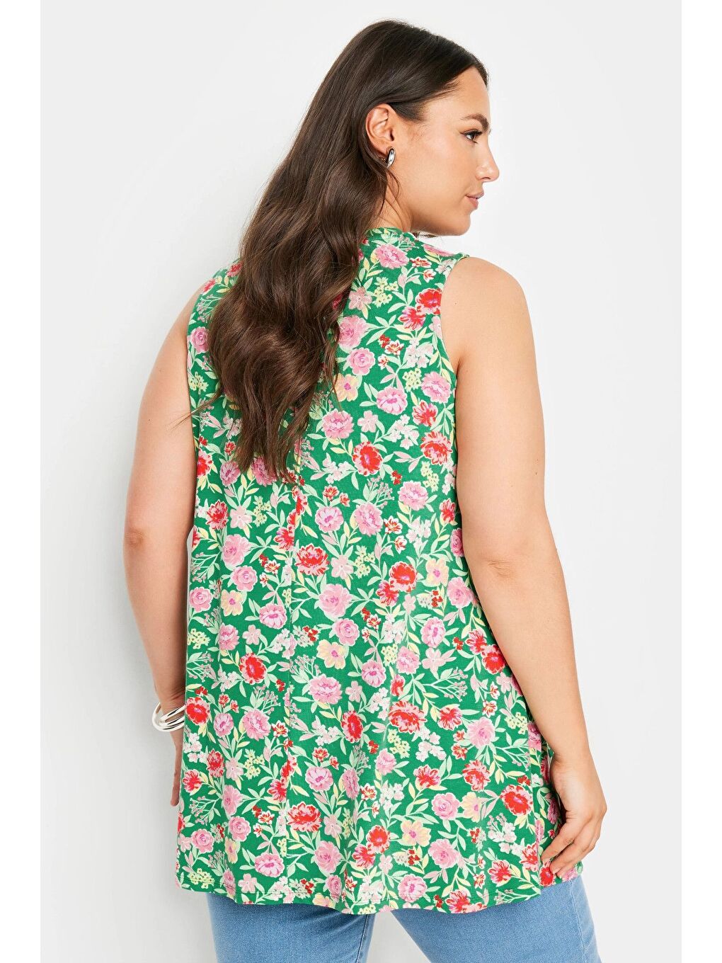 Yeşil Büyük Beden Sıfır Kol V Yaka Desenli Elastanlı Bluz 321779-4