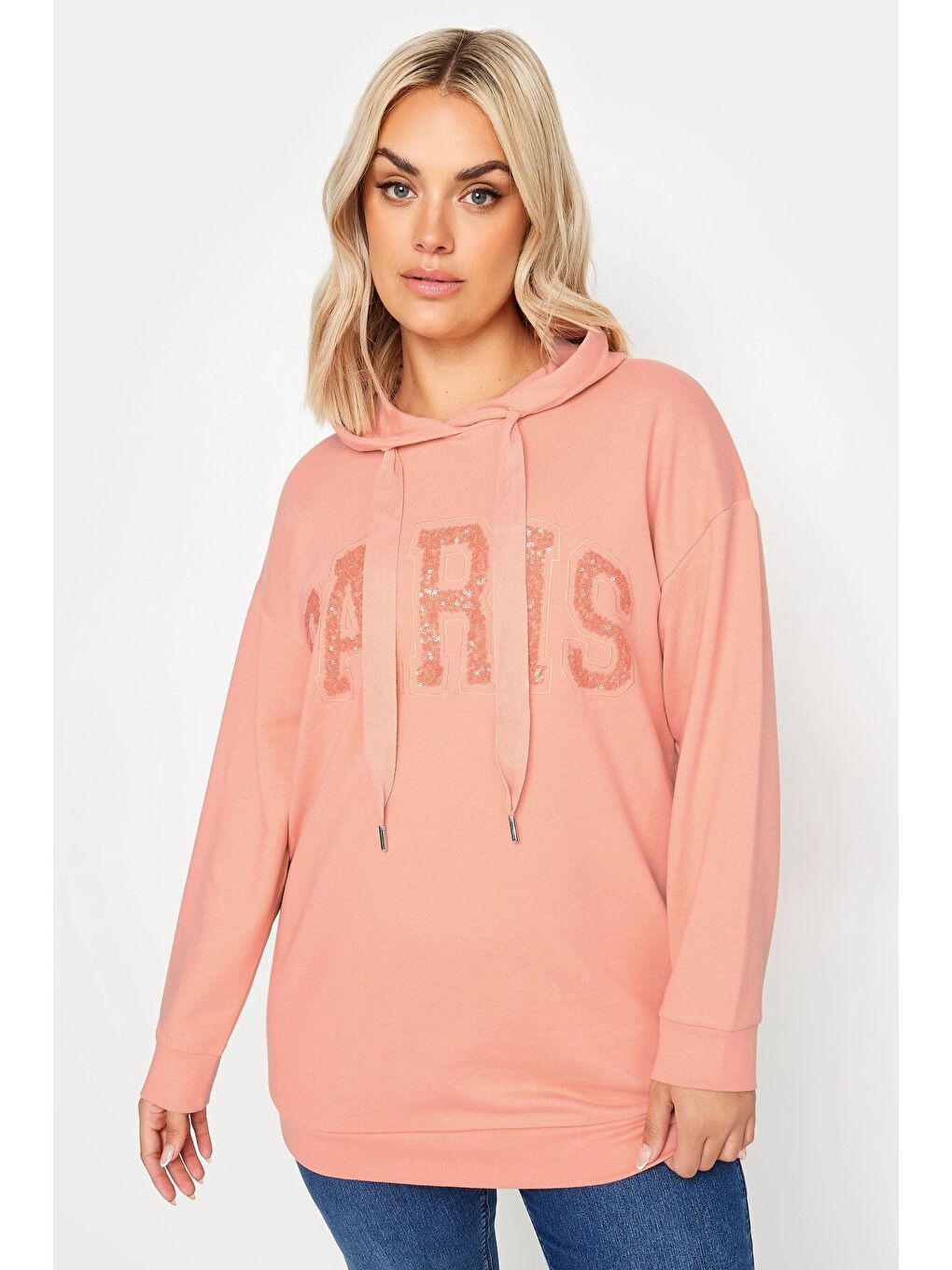 Pembe Büyük Beden Payetli Uzun Kollu Bağcıklı Kapüşonlu Sweatshirt 303234