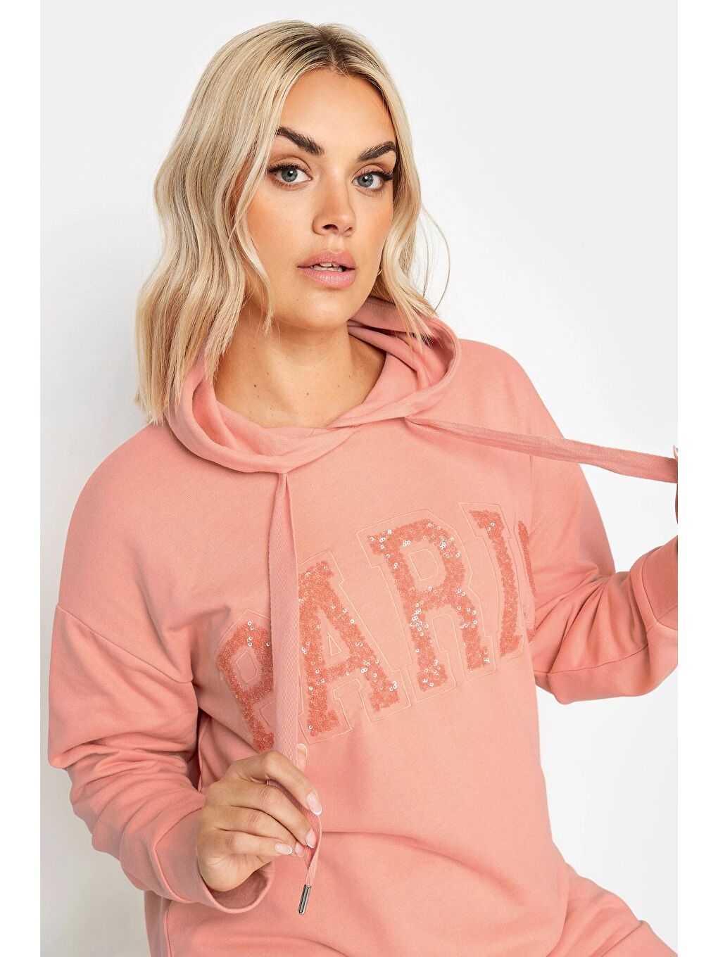 Pembe Büyük Beden Payetli Uzun Kollu Bağcıklı Kapüşonlu Sweatshirt 303234-3