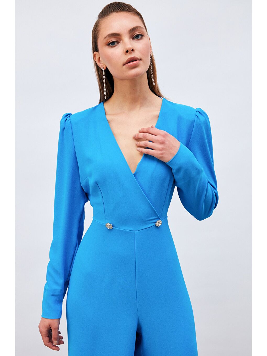 Kruvaze Süs Taşlı Krep Tulum - Mavi-1