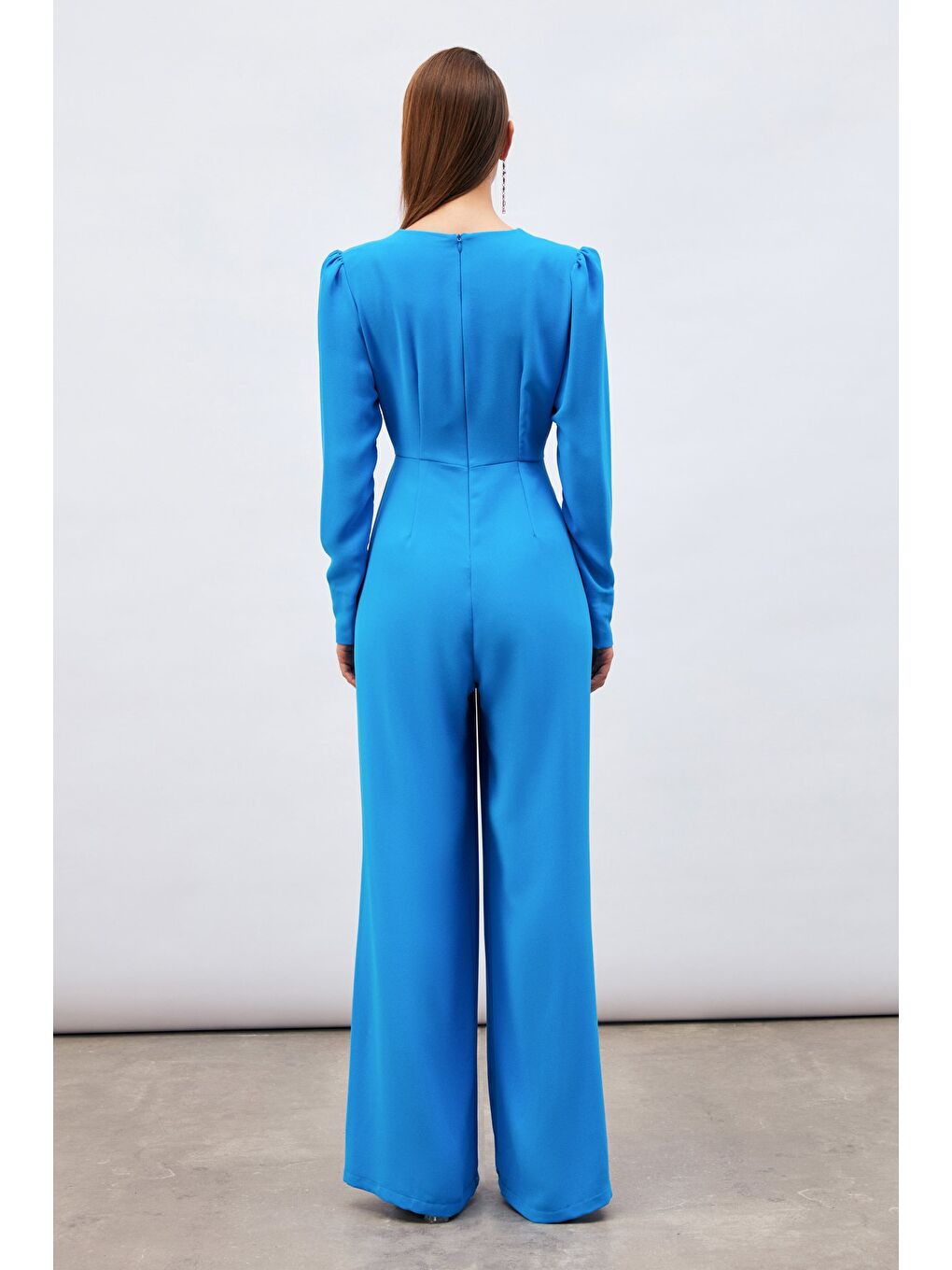 Kruvaze Süs Taşlı Krep Tulum - Mavi-7