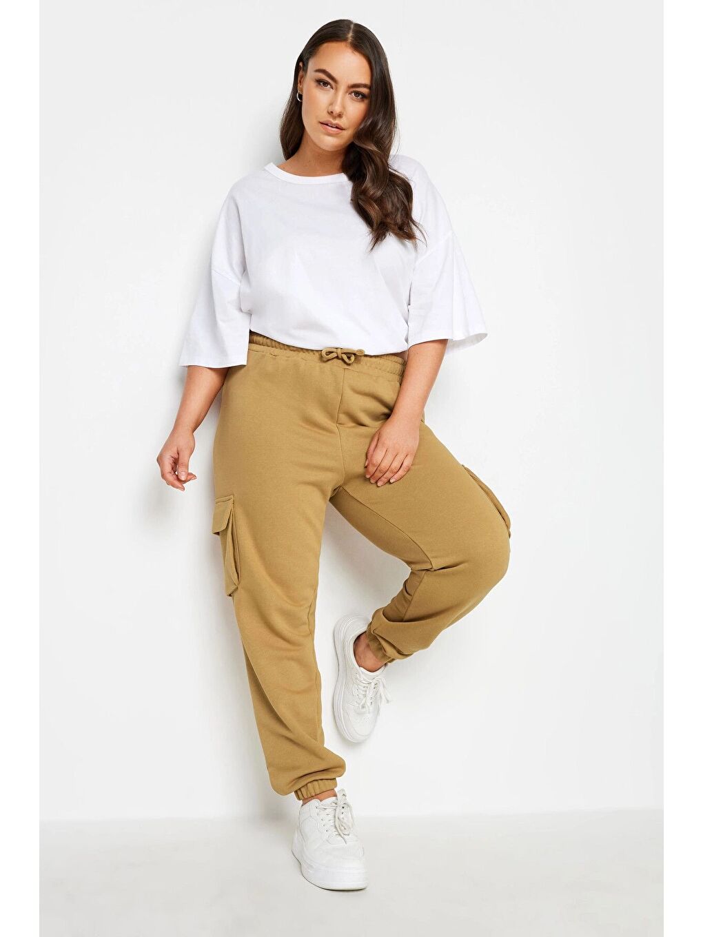 Bej Büyük Beden Paçası Lastikli Cep Detaylı Kargo Jogger Pantolon 302772