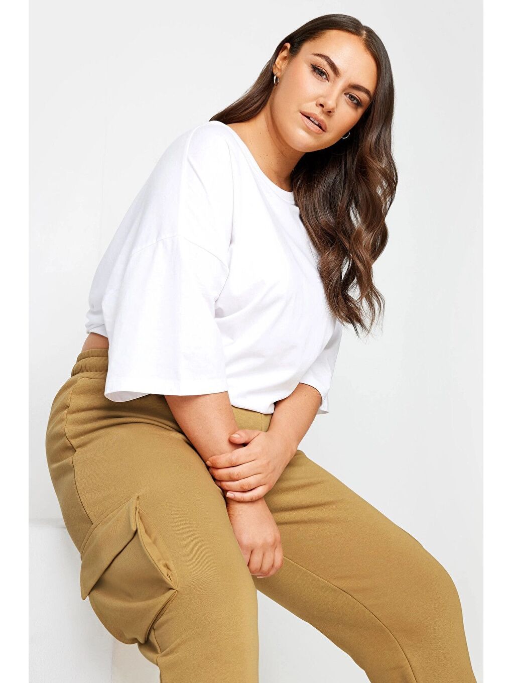 Bej Büyük Beden Paçası Lastikli Cep Detaylı Kargo Jogger Pantolon 302772-3