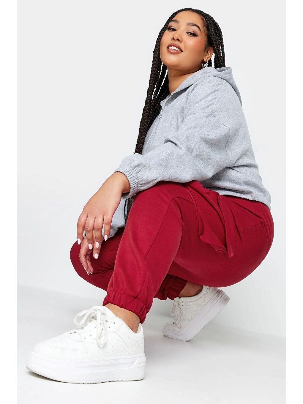 Bordo Büyük Beden Paçası Lastikli Cep Detaylı Kargo Jogger Pantolon 302771-3