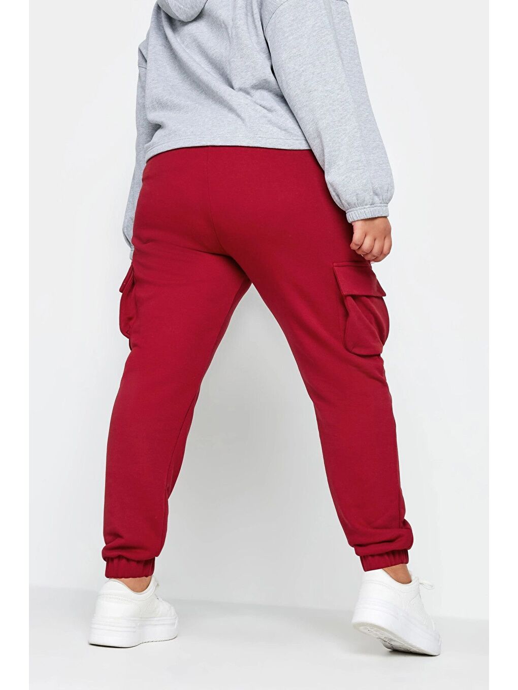 Bordo Büyük Beden Paçası Lastikli Cep Detaylı Kargo Jogger Pantolon 302771-4