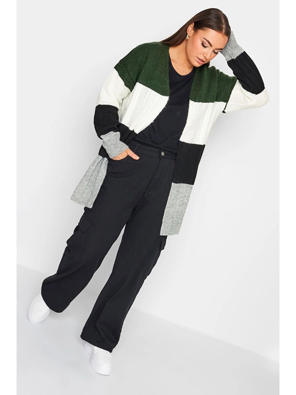 Yeşil Büyük Beden Midi Boy Çizgili Uzun Kollu Triko Örme Hırka 302146