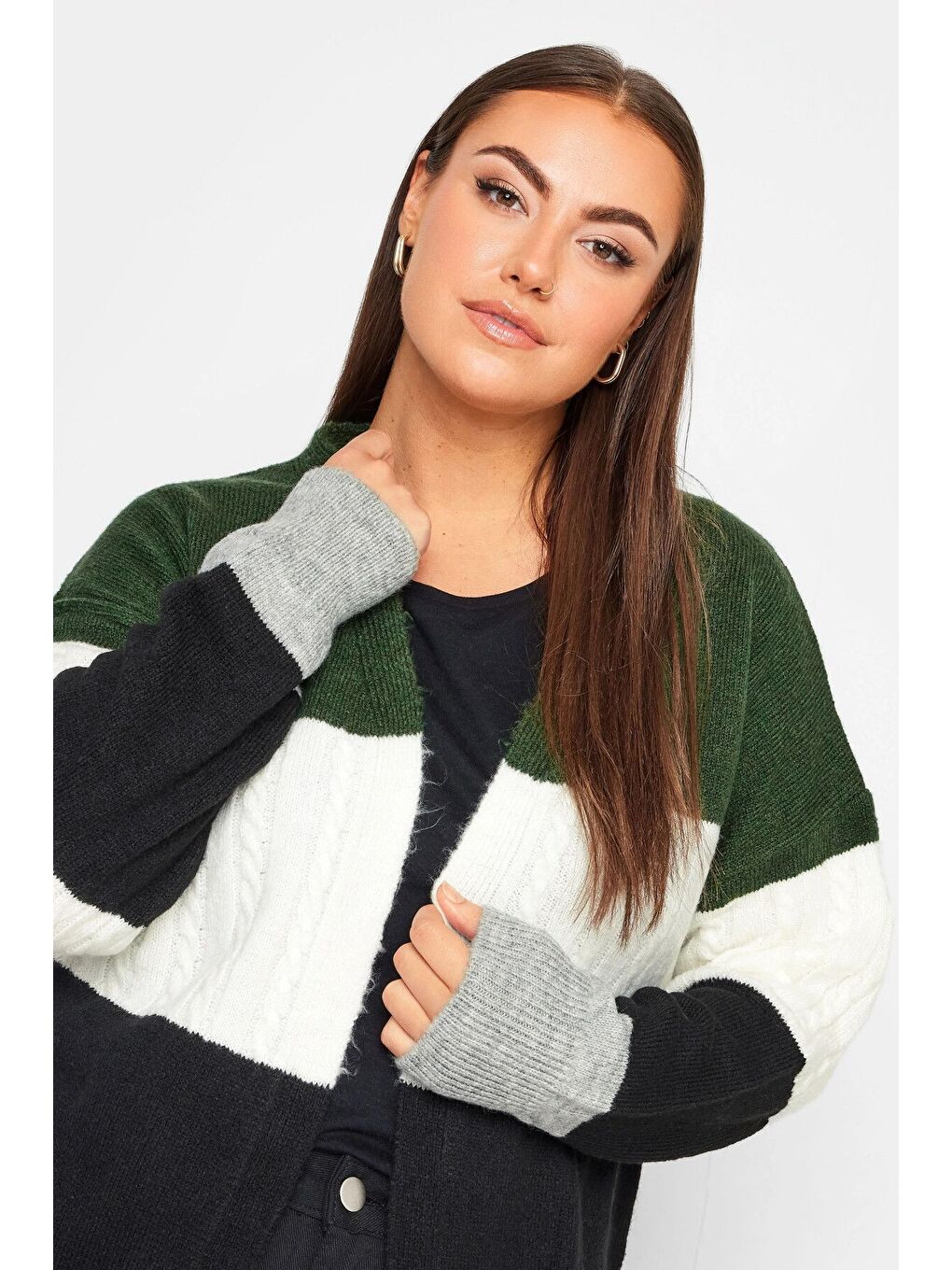 Yeşil Büyük Beden Midi Boy Çizgili Uzun Kollu Triko Örme Hırka 302146-1