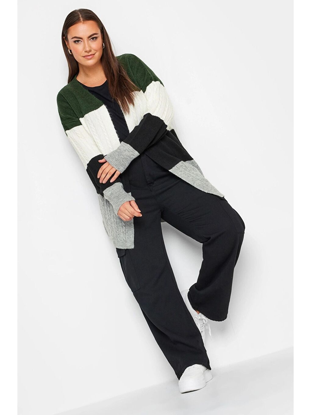 Yeşil Büyük Beden Midi Boy Çizgili Uzun Kollu Triko Örme Hırka 302146-3