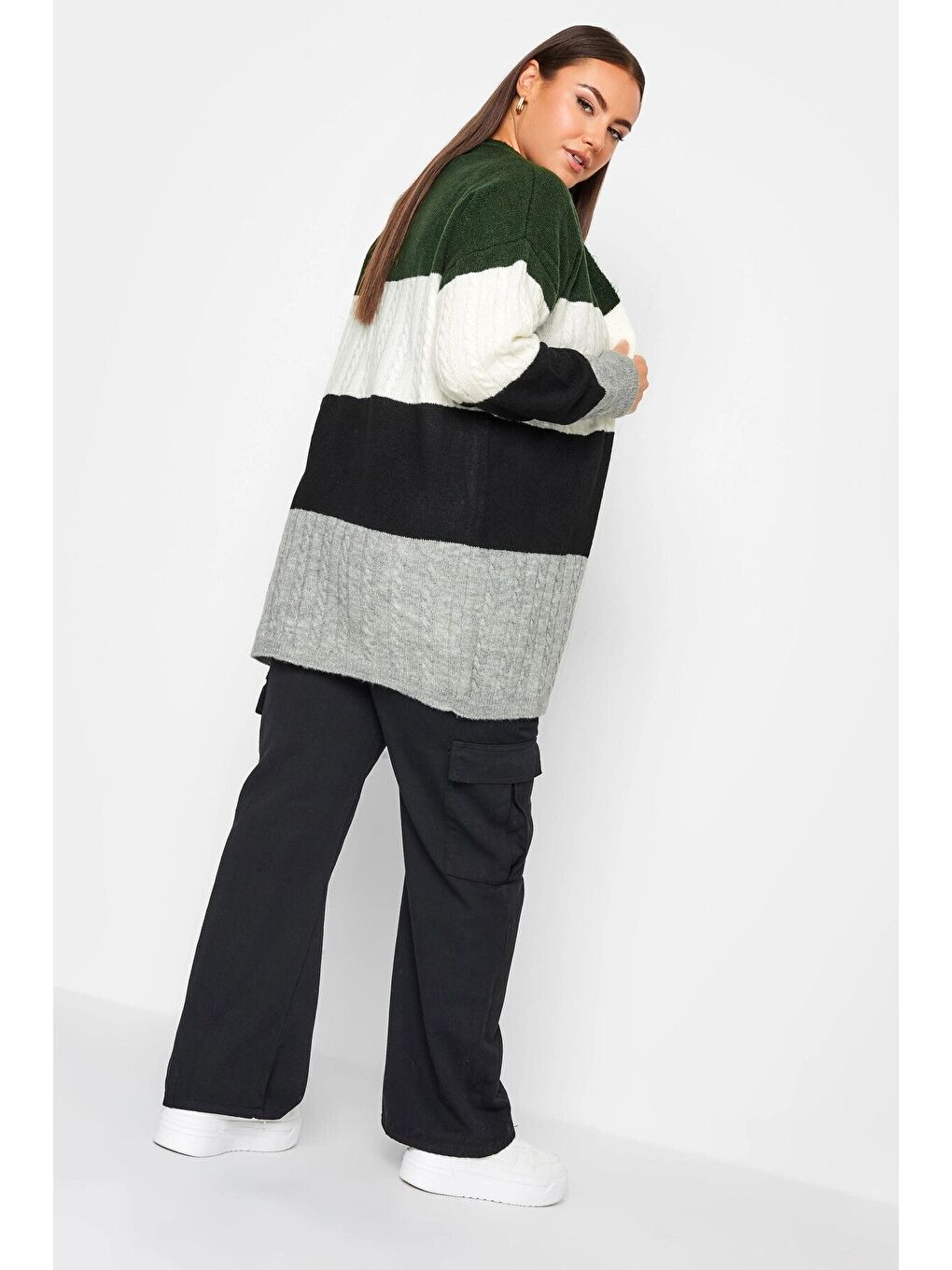 Yeşil Büyük Beden Midi Boy Çizgili Uzun Kollu Triko Örme Hırka 302146-4