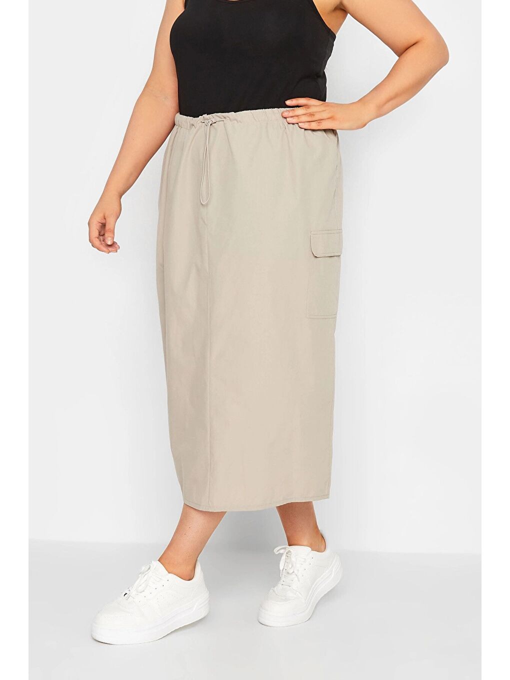 Bej Büyük Beden Midi Boy Beli Büzgülü Arkadan Yırtmaçlı Kargo Etek 302038-1