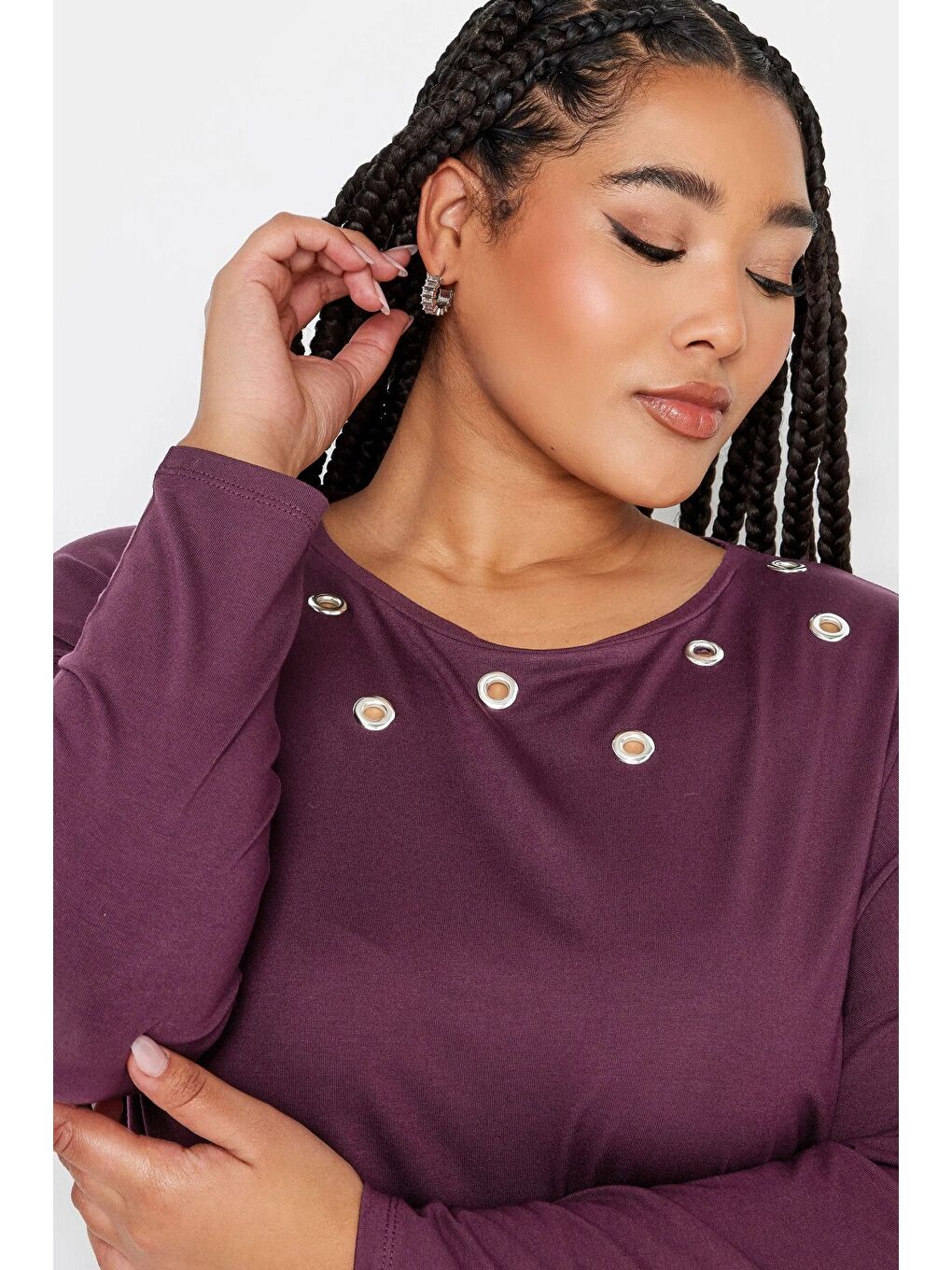 Mor Büyük Beden Kuşgözü Detaylı Bisiklet Yaka Uzun Kollu Oversize Bluz 321291-1