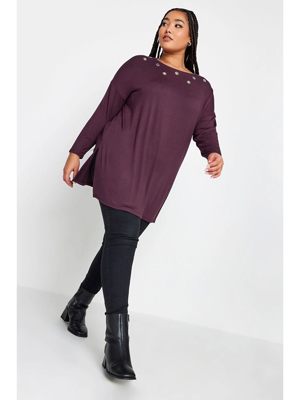 Mor Büyük Beden Kuşgözü Detaylı Bisiklet Yaka Uzun Kollu Oversize Bluz 321291-3