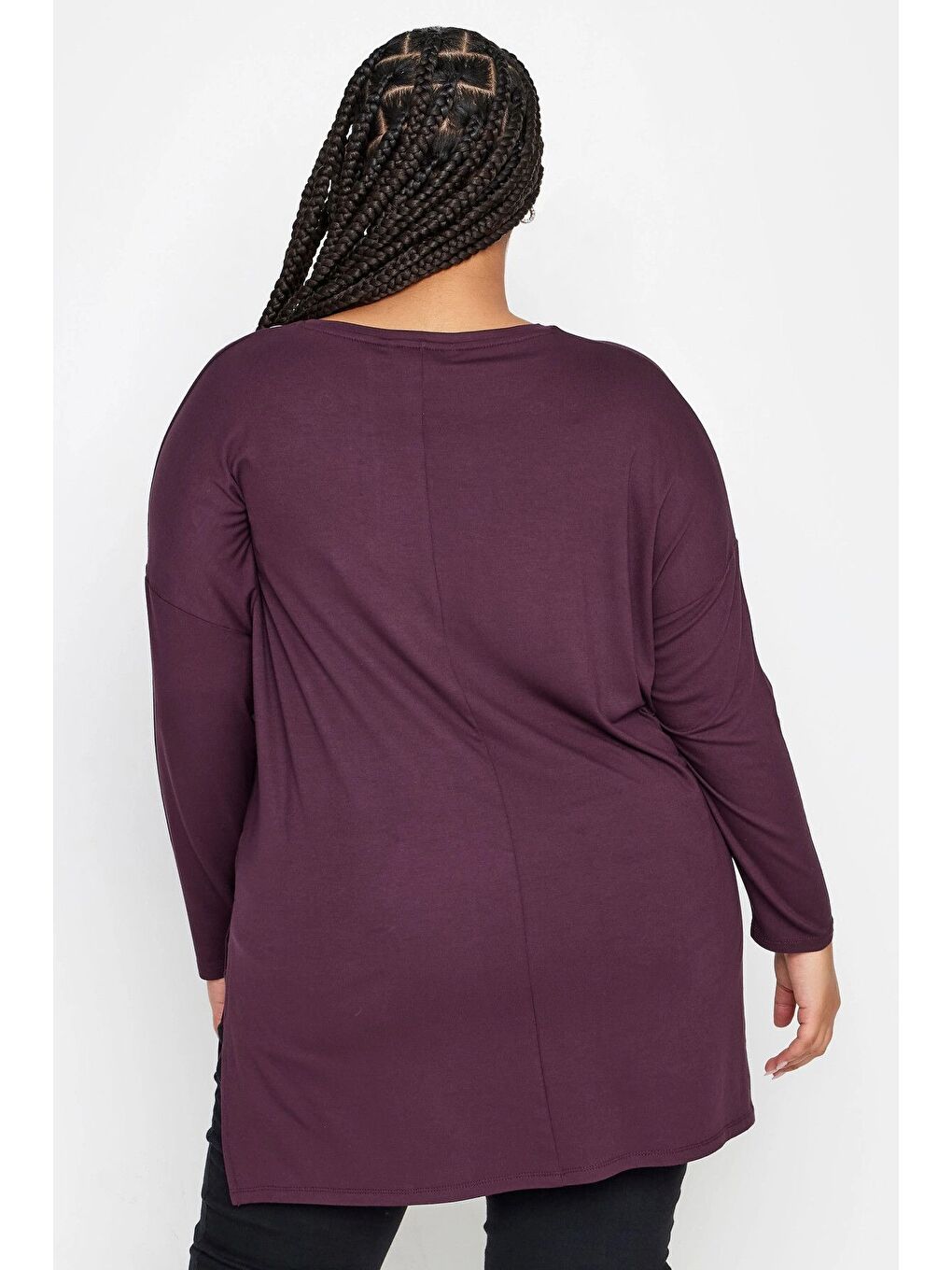 Mor Büyük Beden Kuşgözü Detaylı Bisiklet Yaka Uzun Kollu Oversize Bluz 321291-4