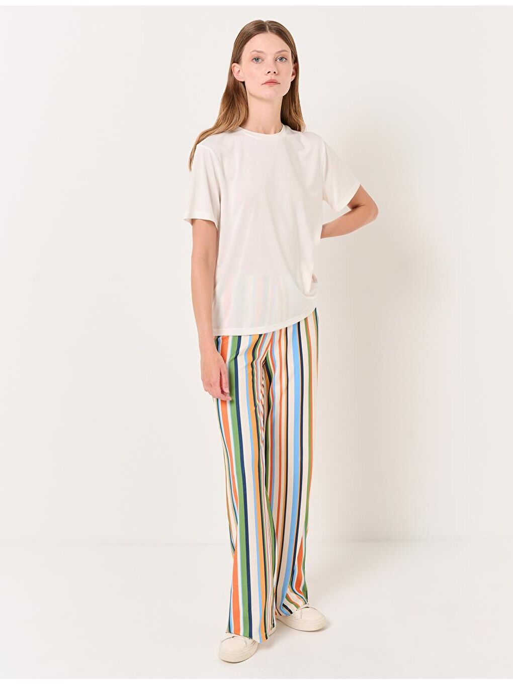 Turuncu Yüksek Bel Bol Paça Çizgili Kumaş Pantolon-2