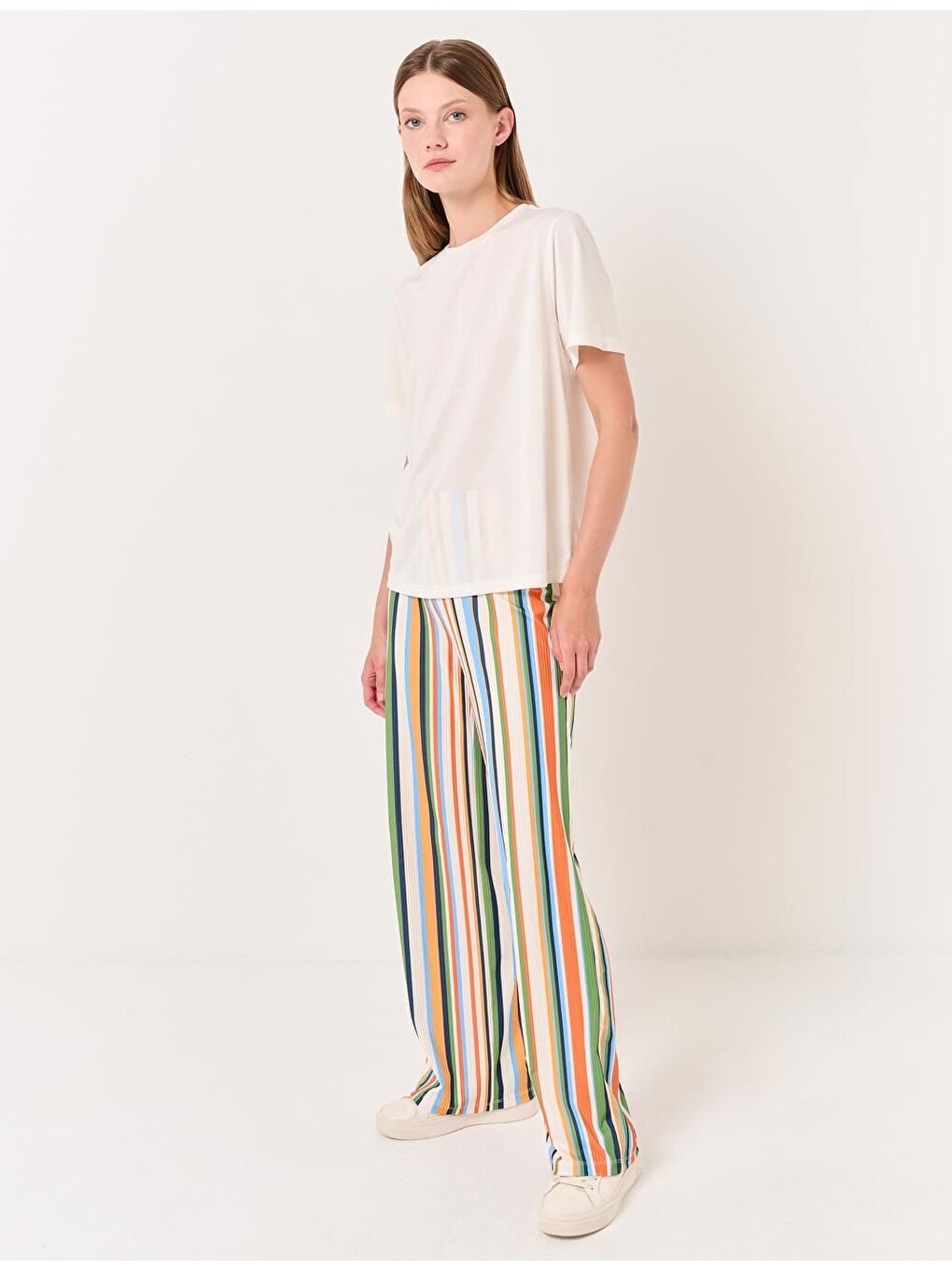 Turuncu Yüksek Bel Bol Paça Çizgili Kumaş Pantolon-3