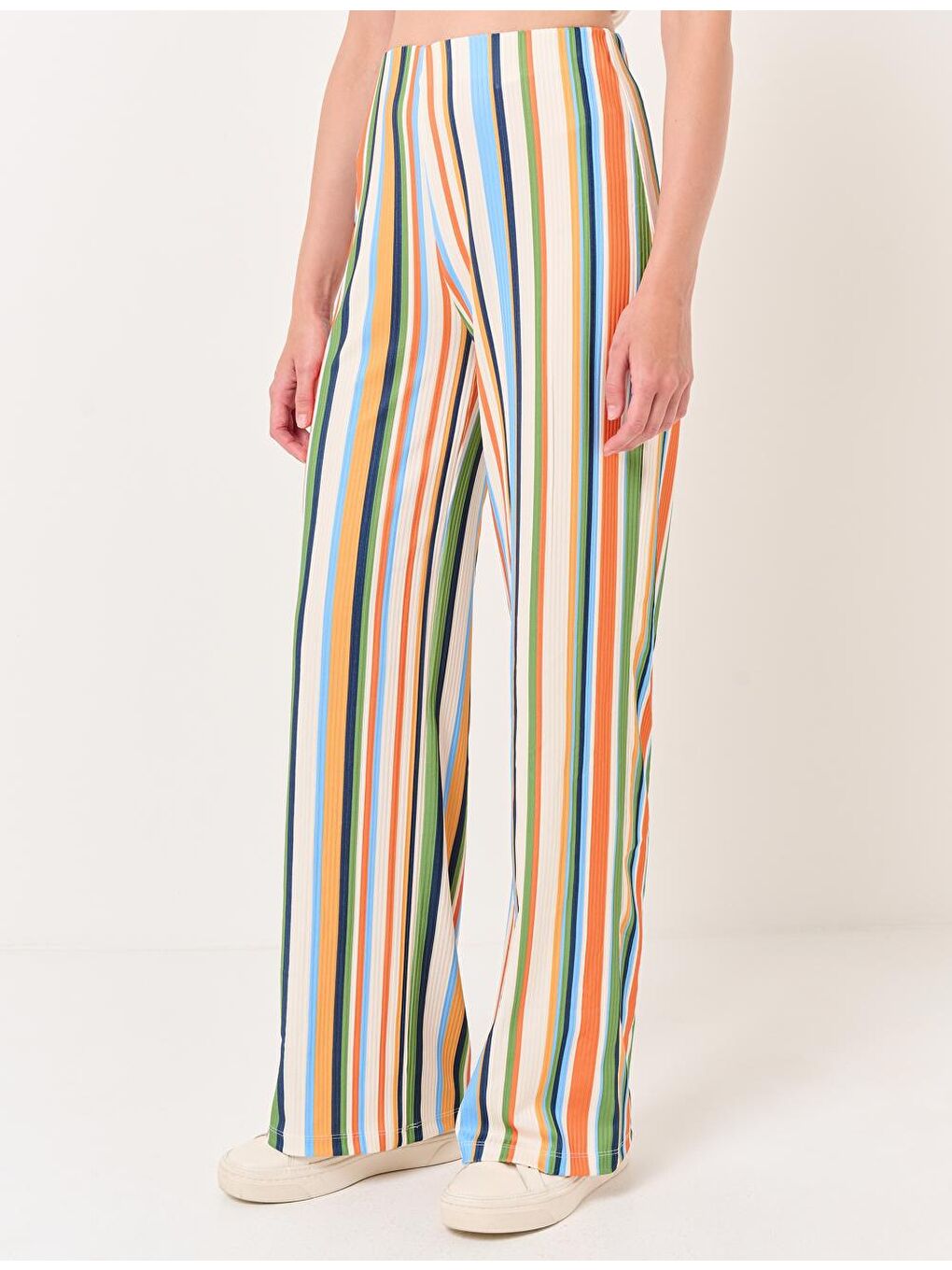 Turuncu Yüksek Bel Bol Paça Çizgili Kumaş Pantolon-4