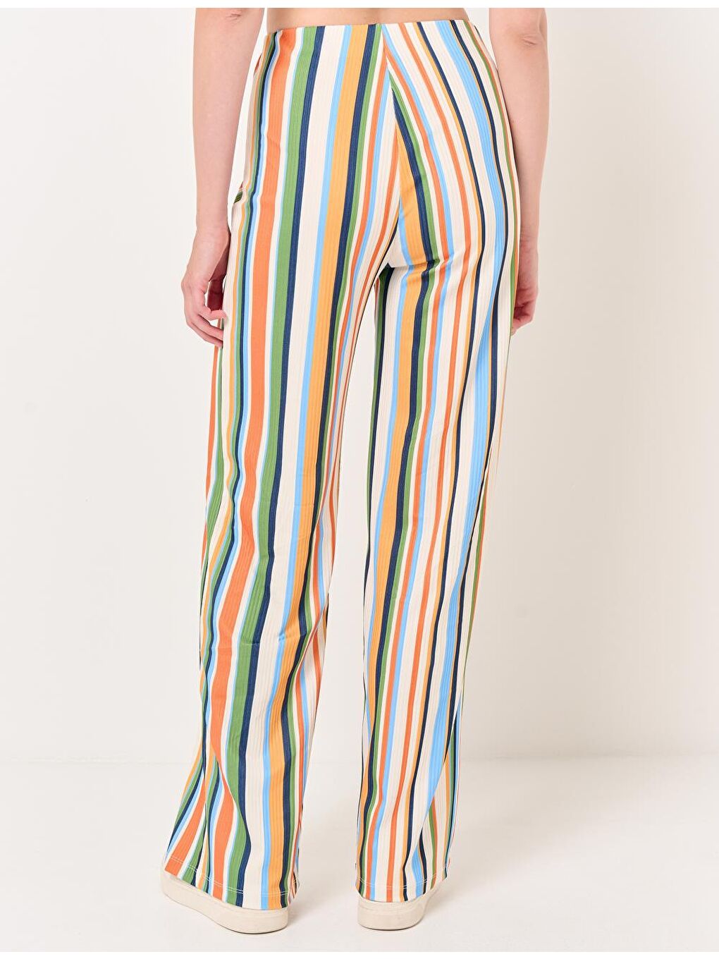 Turuncu Yüksek Bel Bol Paça Çizgili Kumaş Pantolon-5